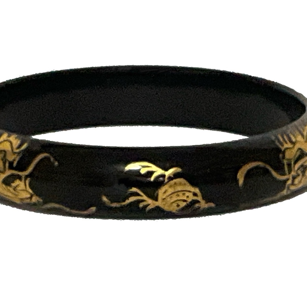 Black Lacquer Bangle Bracelet with Gold Dragon Design - Picture 4 of 8